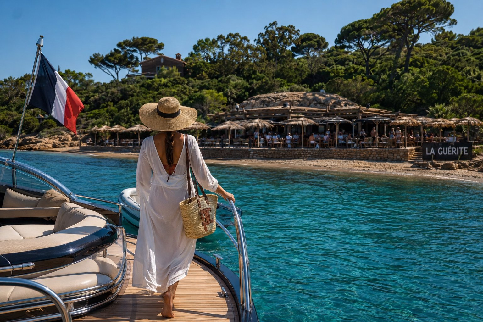Woman stepping off a private yacht towards La Guérite beach restaurant on Île Sainte-Marguerite, Cannes