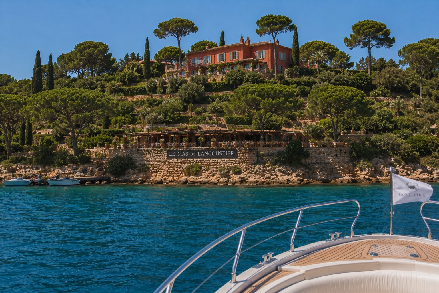 Le Mas du Langoustier Provençal manor and restaurant seen from a boat, Porquerolles island